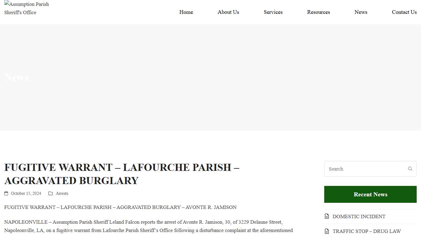 FUGITIVE WARRANT – LAFOURCHE PARISH – AGGRAVATED BURGLARY - Assumption Parish Sheriff's Office